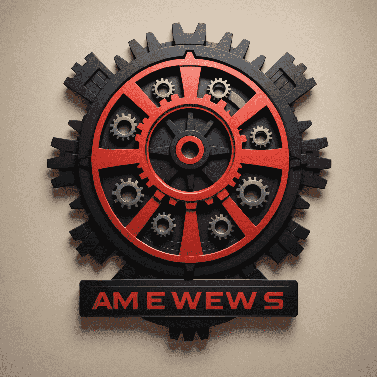Ap-mews logo: A modern, sleek design combining a hotel building silhouette with automation gears, in red and black colors