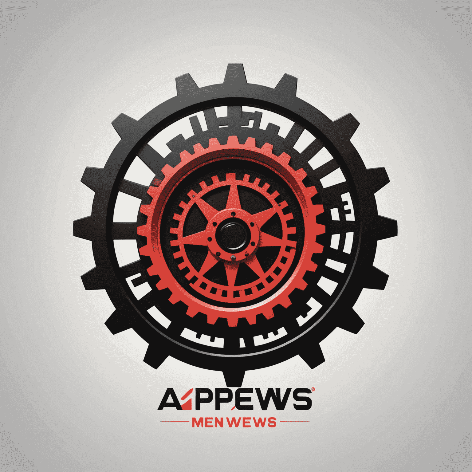 Ap-mews logo: A modern, sleek design combining a hotel building silhouette with automation gears, in red and black colors