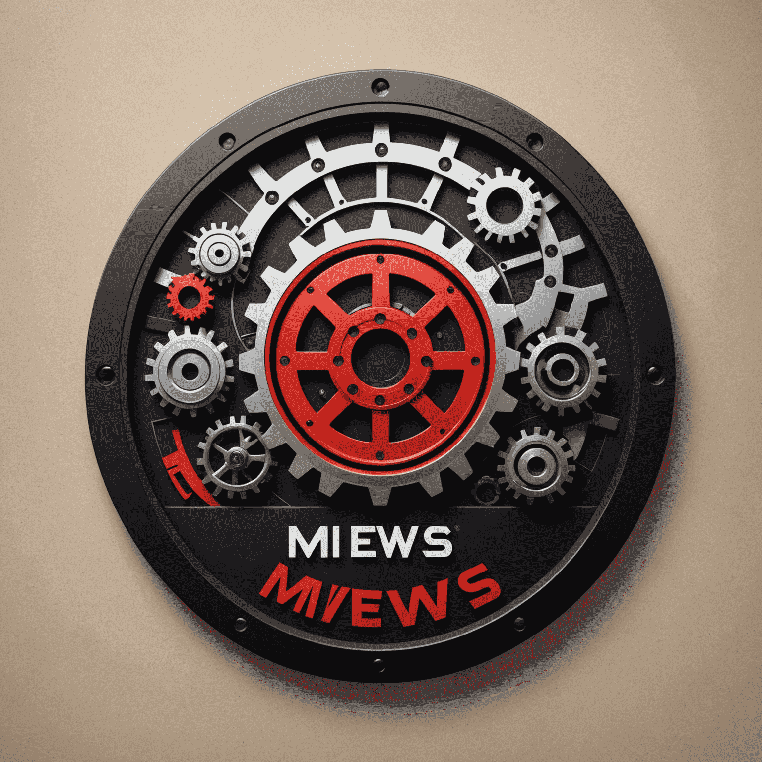 Ap-mews logo: A modern, sleek design combining a hotel building silhouette with automation gears, in red and black colors
