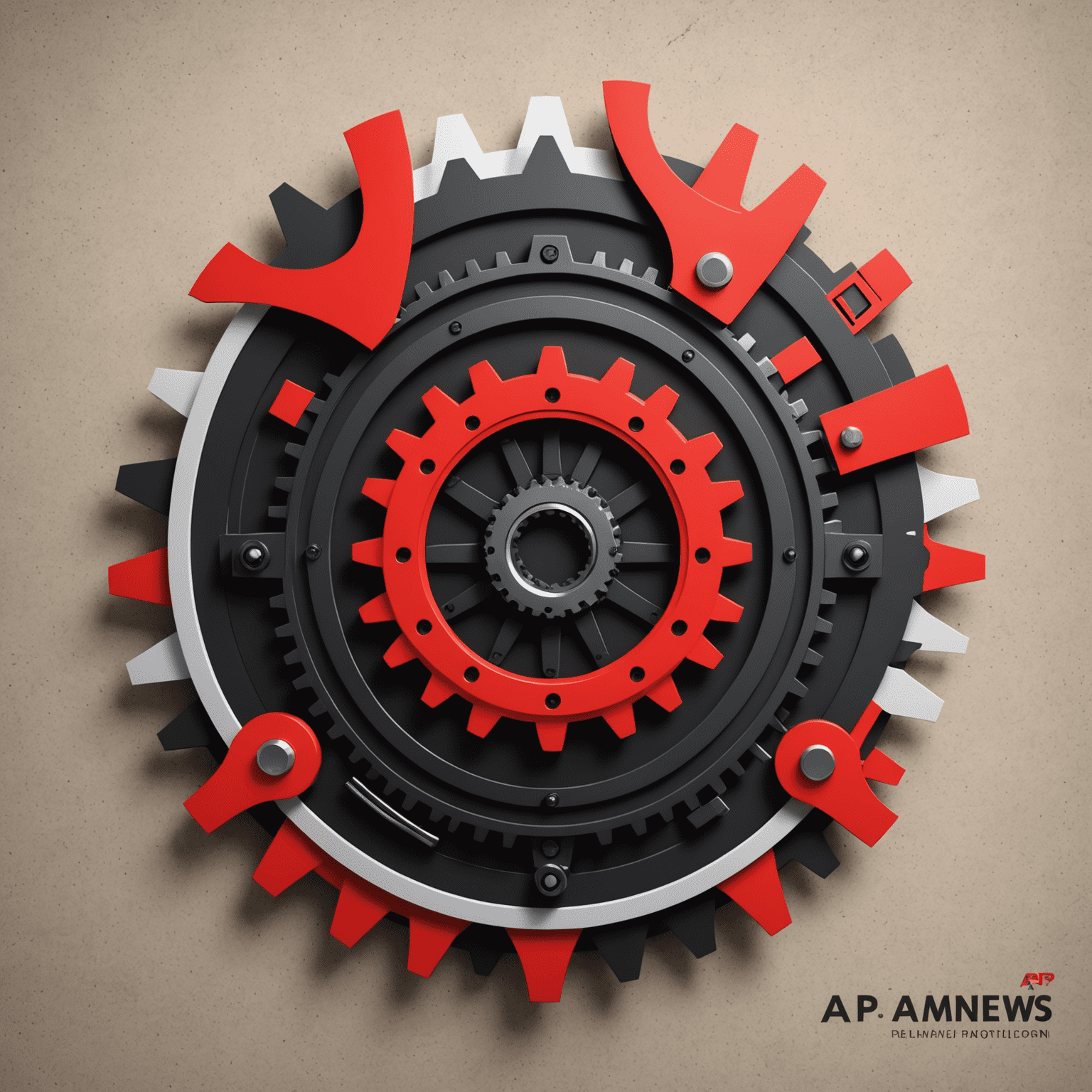 Ap-mews logo: A modern, sleek design combining a hotel building silhouette with automation gears, in red and black colors