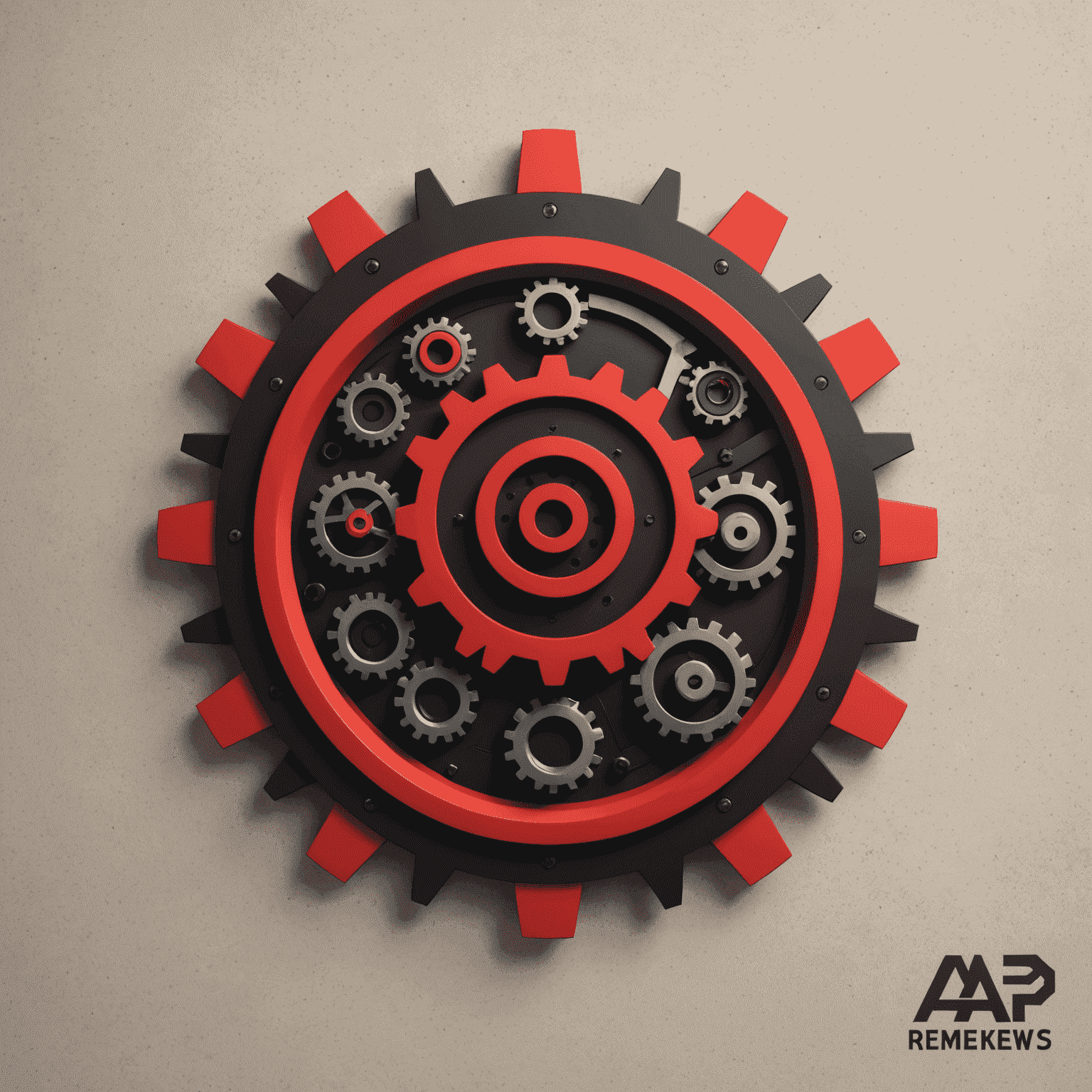 Ap-mews logo: A modern, sleek design combining a hotel building silhouette with automation gears, in red and black colors