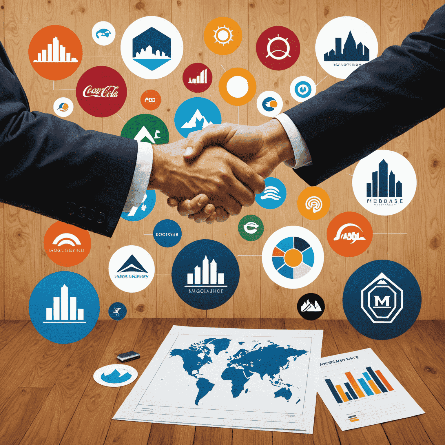 A collage of hotel logos, business charts, and a handshake representing mergers and acquisitions in the hotel industry