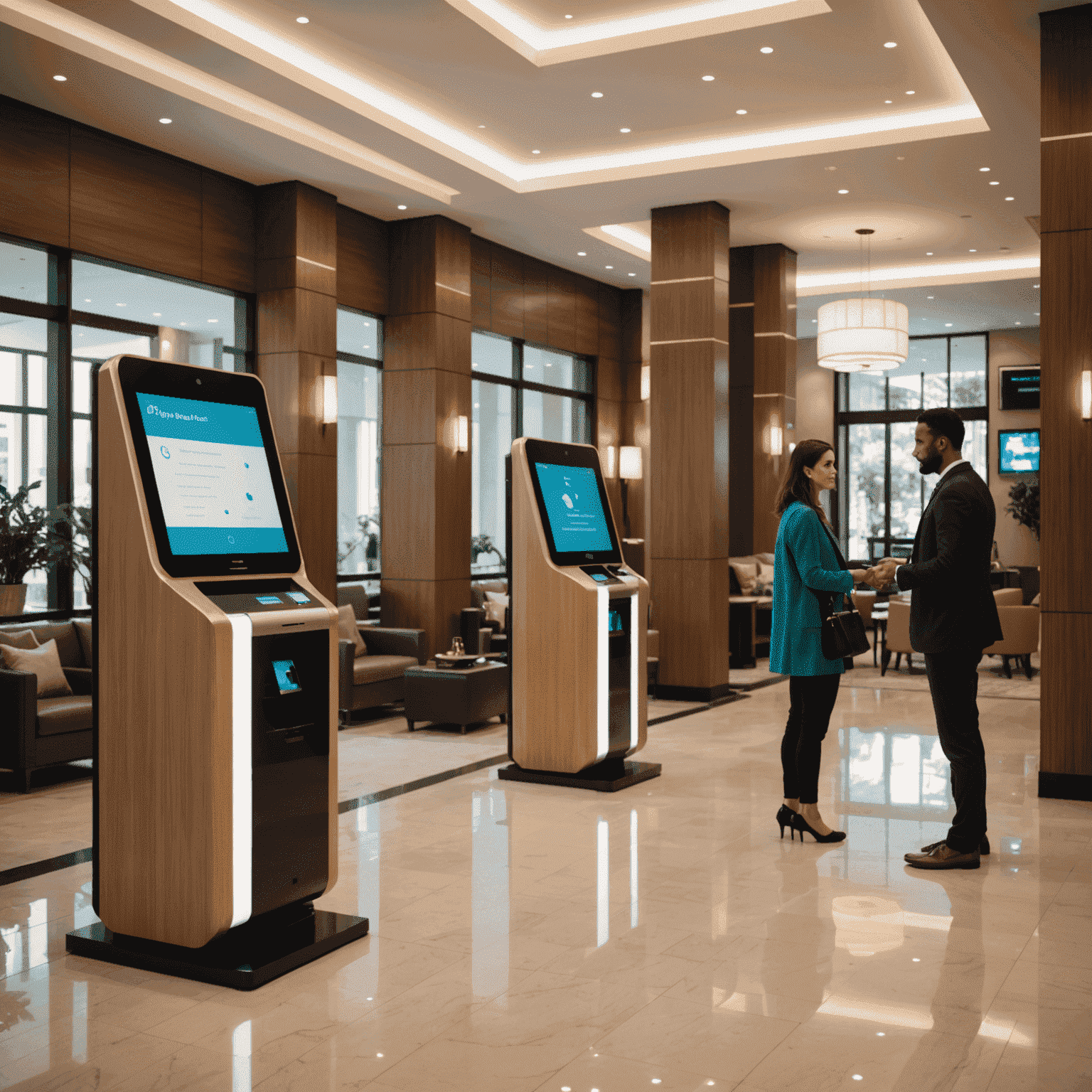 A modern hotel lobby with guests using digital check-in kiosks, representing the latest technological advancements in the hotel industry