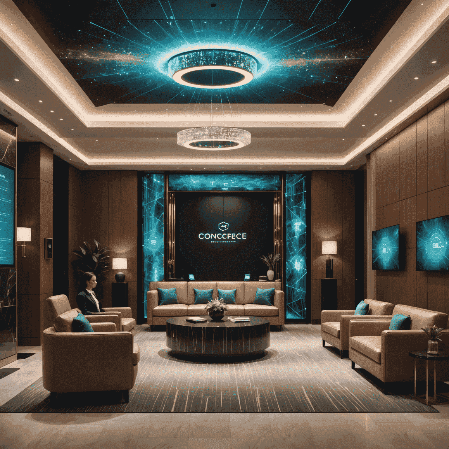 A modern hotel lobby with holographic displays showing AI concierge services and guests using smartphones to control room features