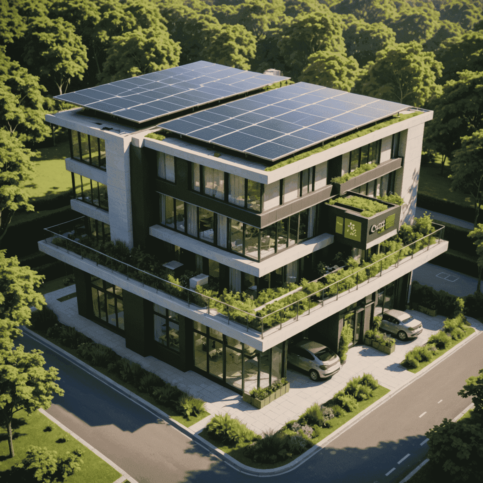 A modern hotel with solar panels on the roof, surrounded by lush green gardens and a visible recycling station in the foreground