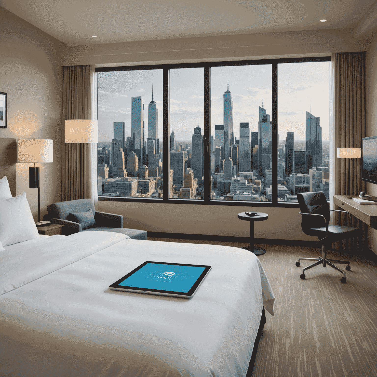 A modern hotel room with a digital tablet displaying a booking interface. The room features sleek furniture and a cityscape view through large windows.