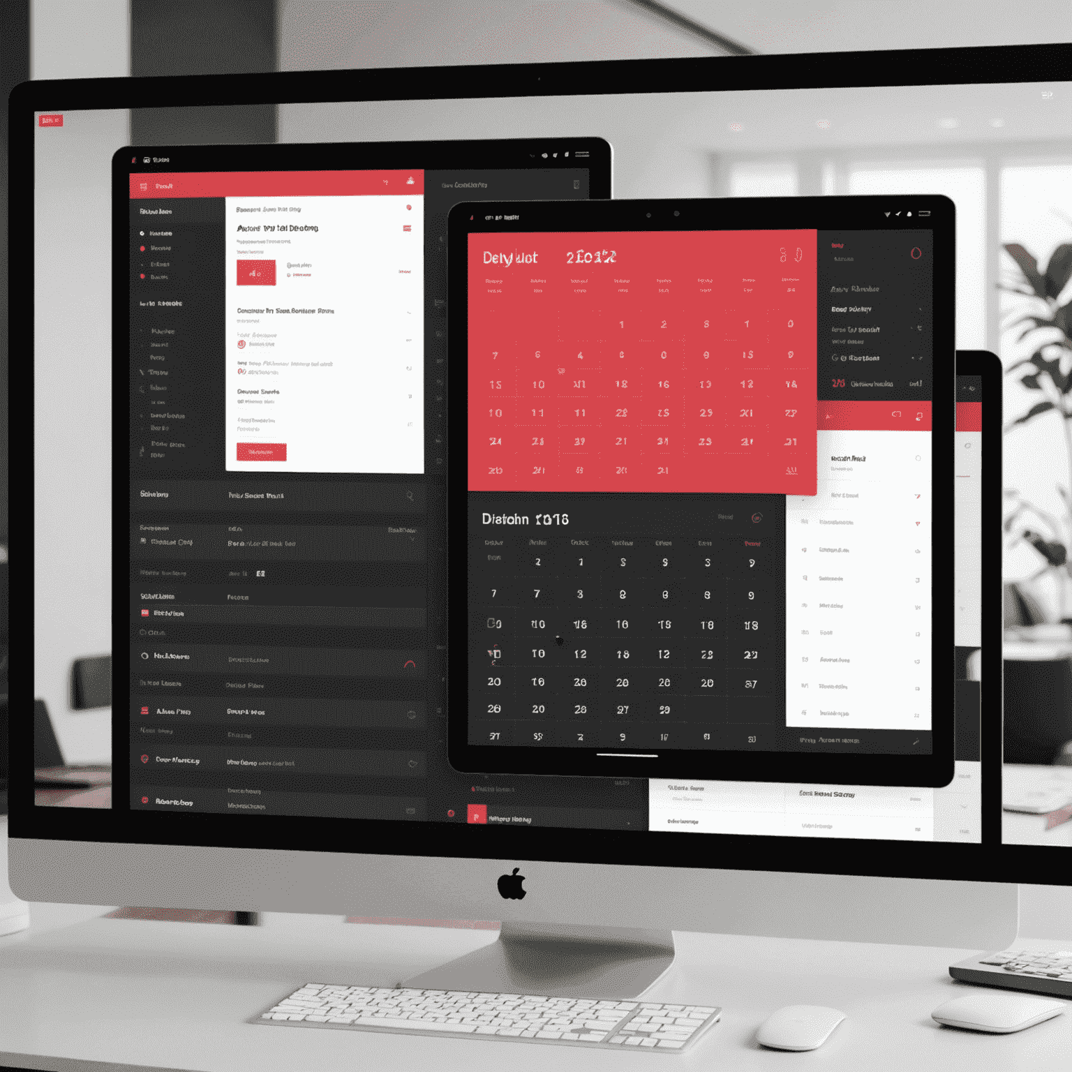 A modern and sleek room booking interface showcasing a calendar view, room types, and pricing options. The interface uses a color scheme of red, pink, black, and white, emphasizing user-friendly design and intuitive navigation.