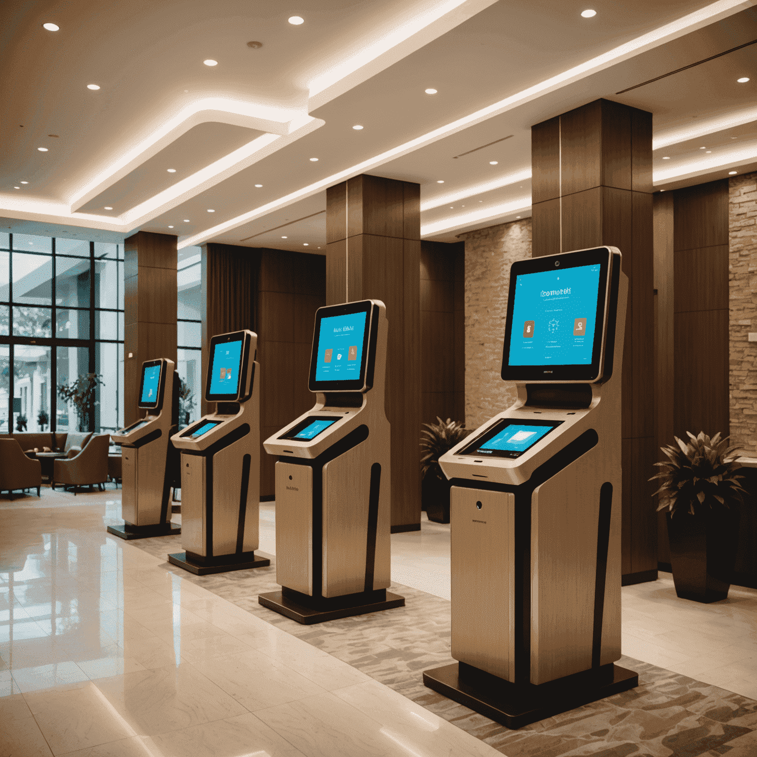 A modern hotel lobby with self-service kiosks for automated check-in and check-out. Guests are using touchscreens to complete their arrival or departure process efficiently.