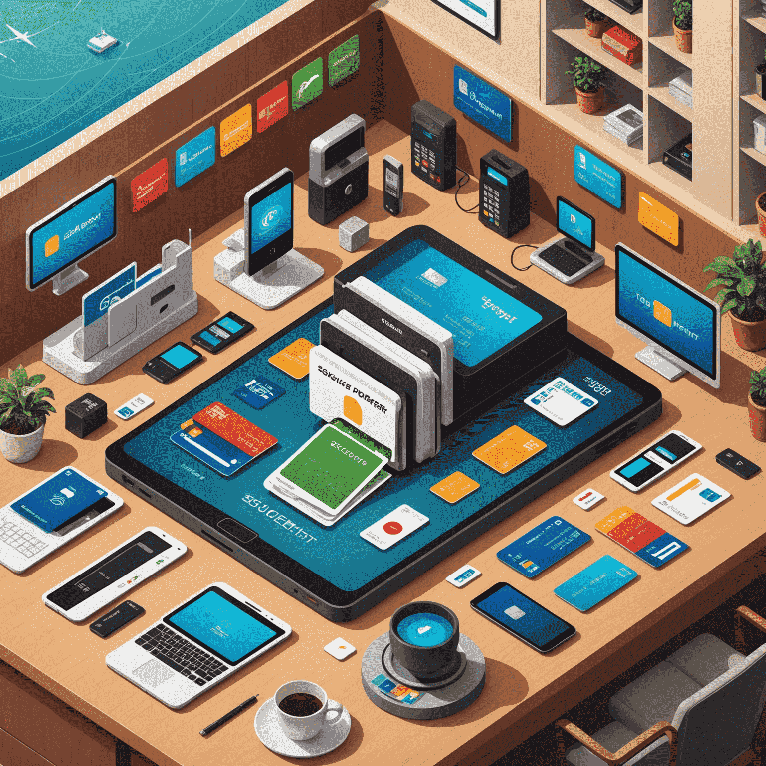 Illustration of secure payment processing showing various payment methods like credit cards, mobile payments, and digital wallets being processed through a secure gateway with a hotel backdrop