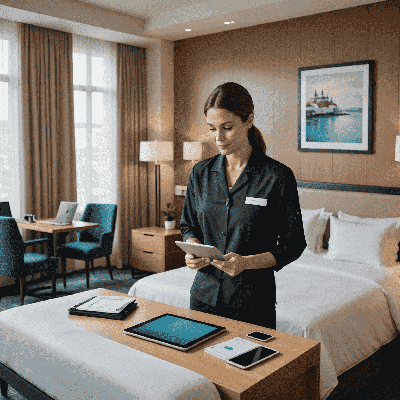 A modern hotel room being efficiently cleaned by housekeeping staff using tablets for task management. The image showcases a clean, well-organized space with staff consulting digital devices for their next tasks.