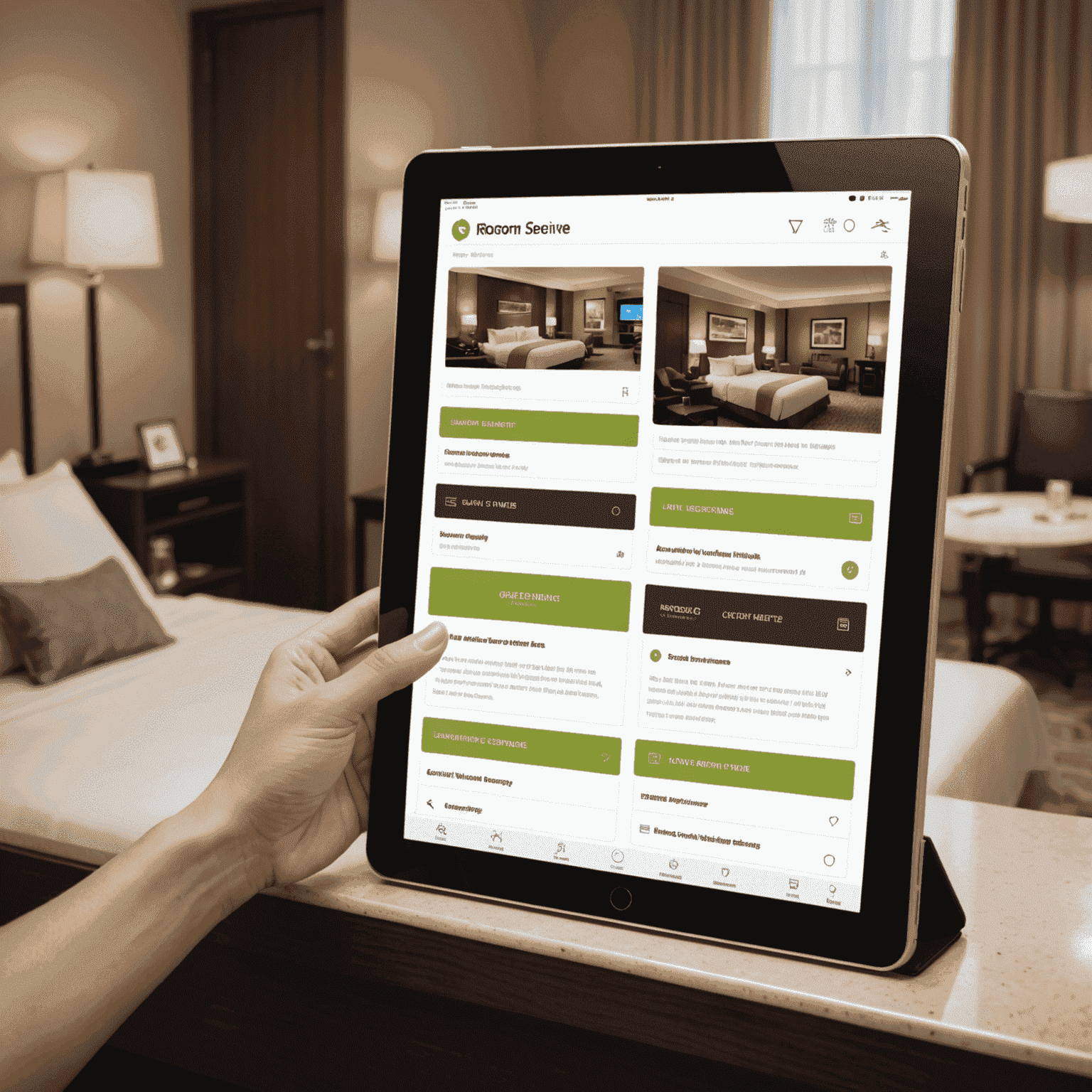 A modern and sleek interface of the guest services portal, showing options for room service, housekeeping, and concierge on a tablet screen