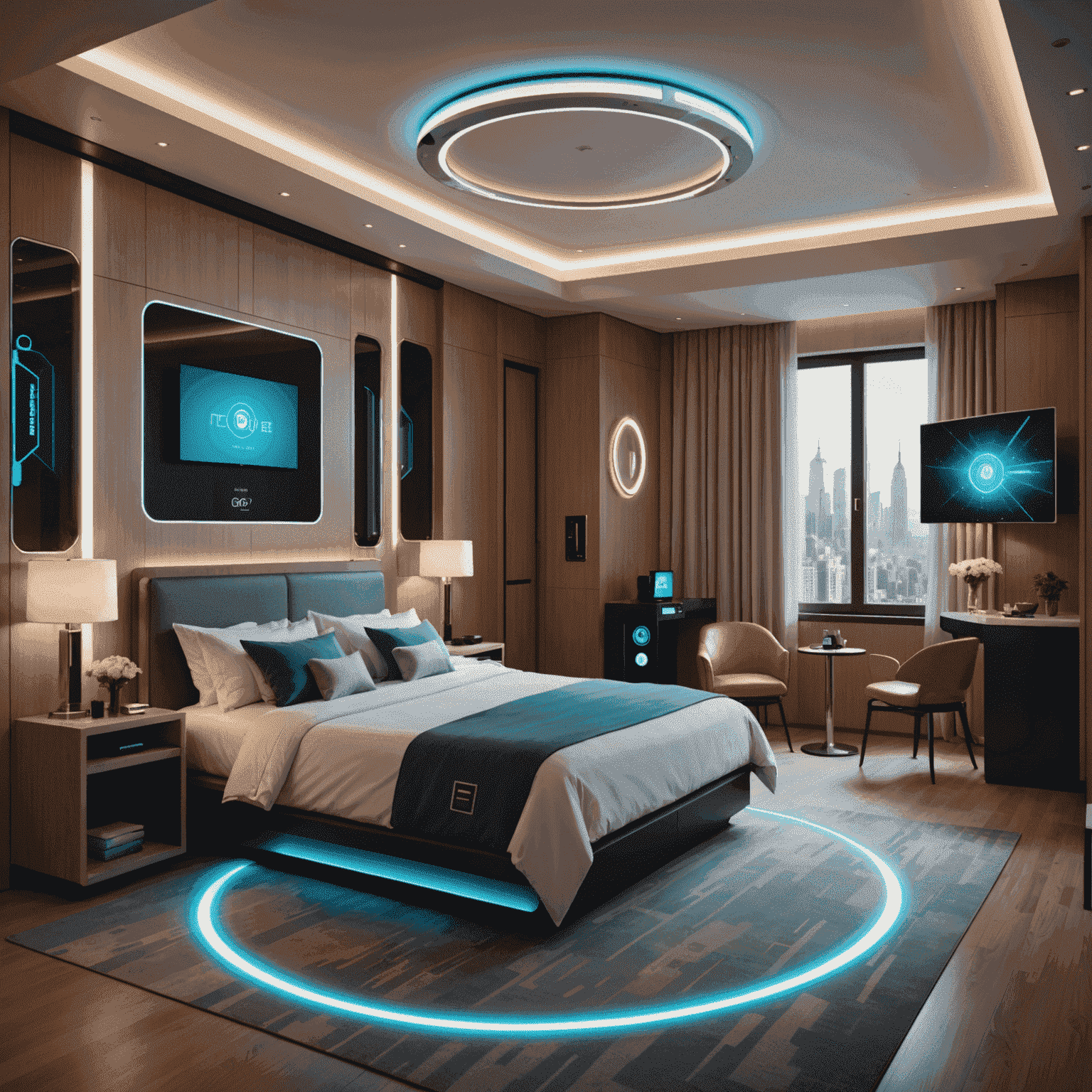 A futuristic hotel room with holographic displays, a robot concierge, and smart controls
