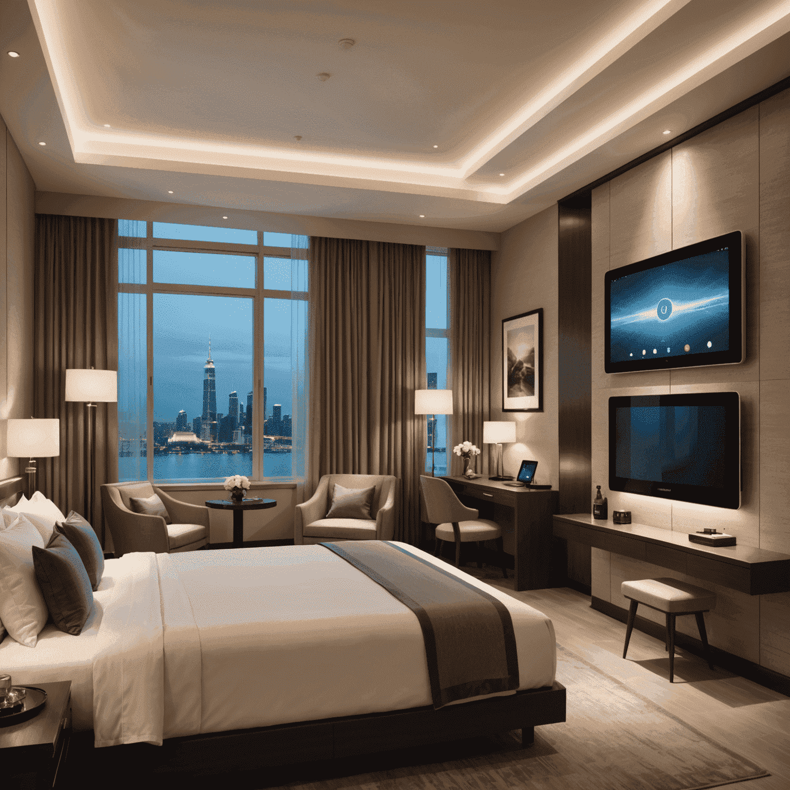 A luxurious hotel room with a tablet device controlling various smart features like lighting, temperature, and entertainment systems