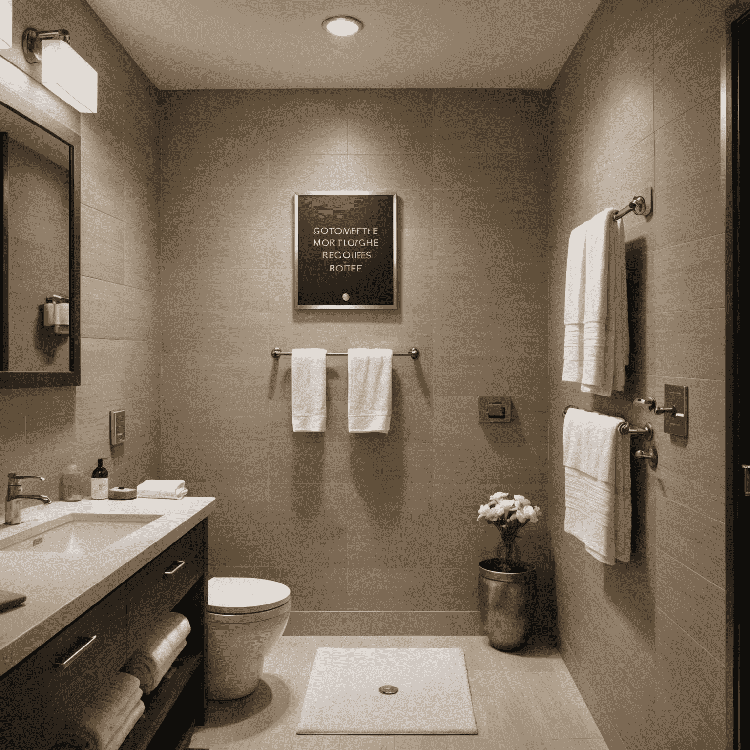 A hotel bathroom featuring water-saving fixtures, including a low-flow showerhead and dual-flush toilet, with a sign encouraging guests to reuse towels