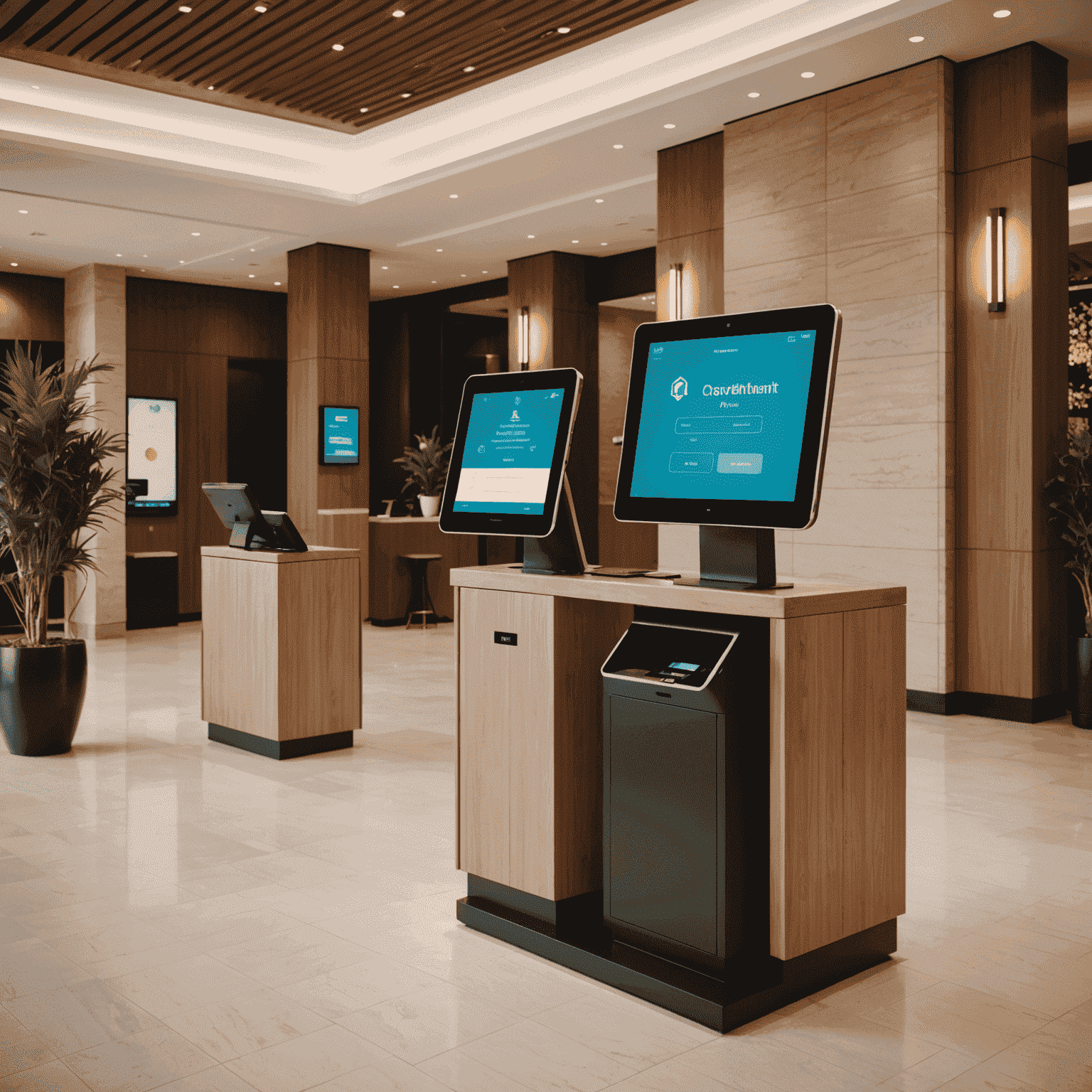 A hotel lobby with a modern check-in kiosk. Guests are using touchscreens to check in while staff assists nearby.