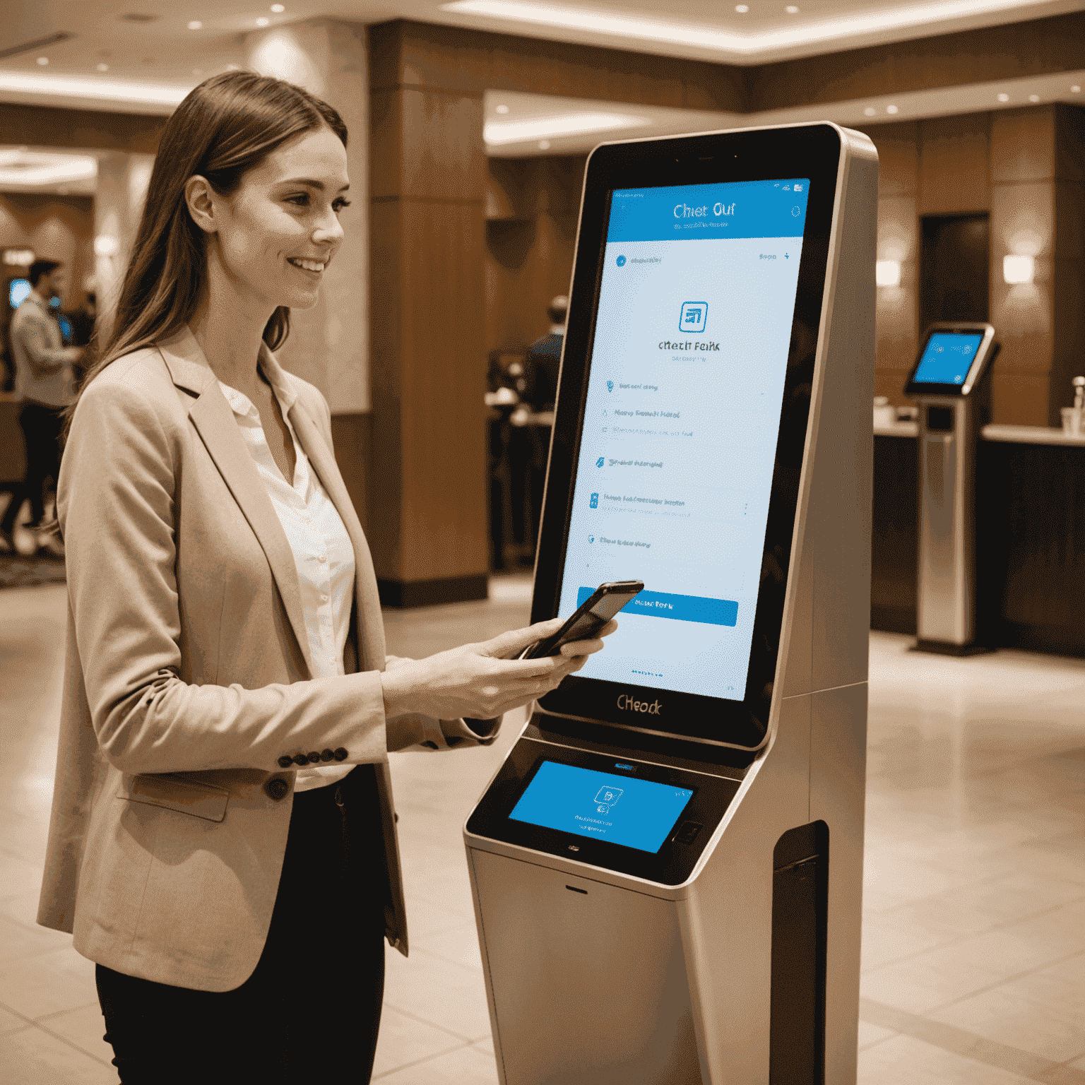 A split-screen image showing a guest using a mobile app for remote check-in on one side, and a sleek self-service kiosk in a hotel lobby on the other, emphasizing the 24/7 availability of the check-in/out system.