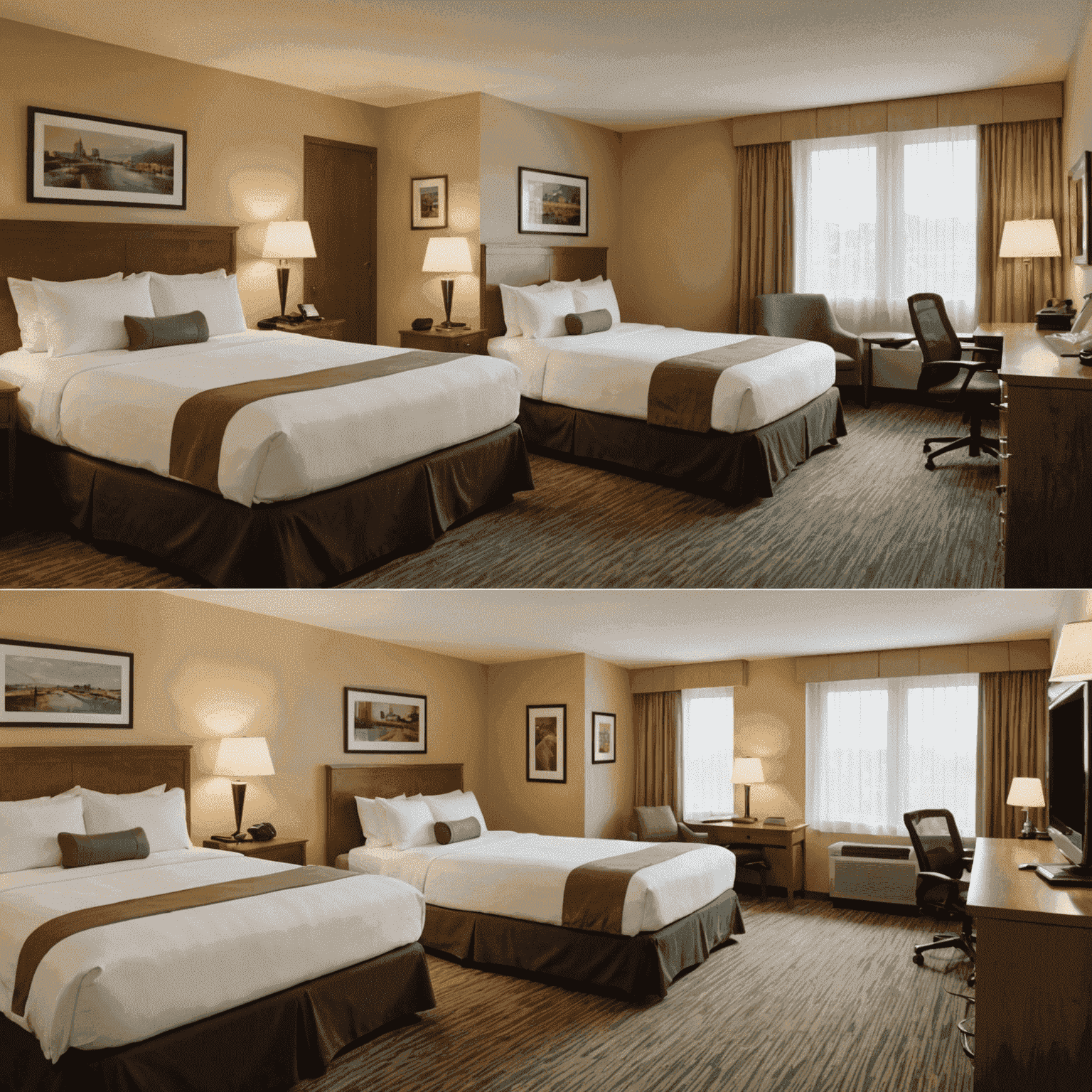 A split-screen image showing a before and after of a hotel room. The left side shows a messy room, while the right side displays the same room perfectly cleaned and prepared, emphasizing the efficiency of the Ap-Mews housekeeping coordination system.