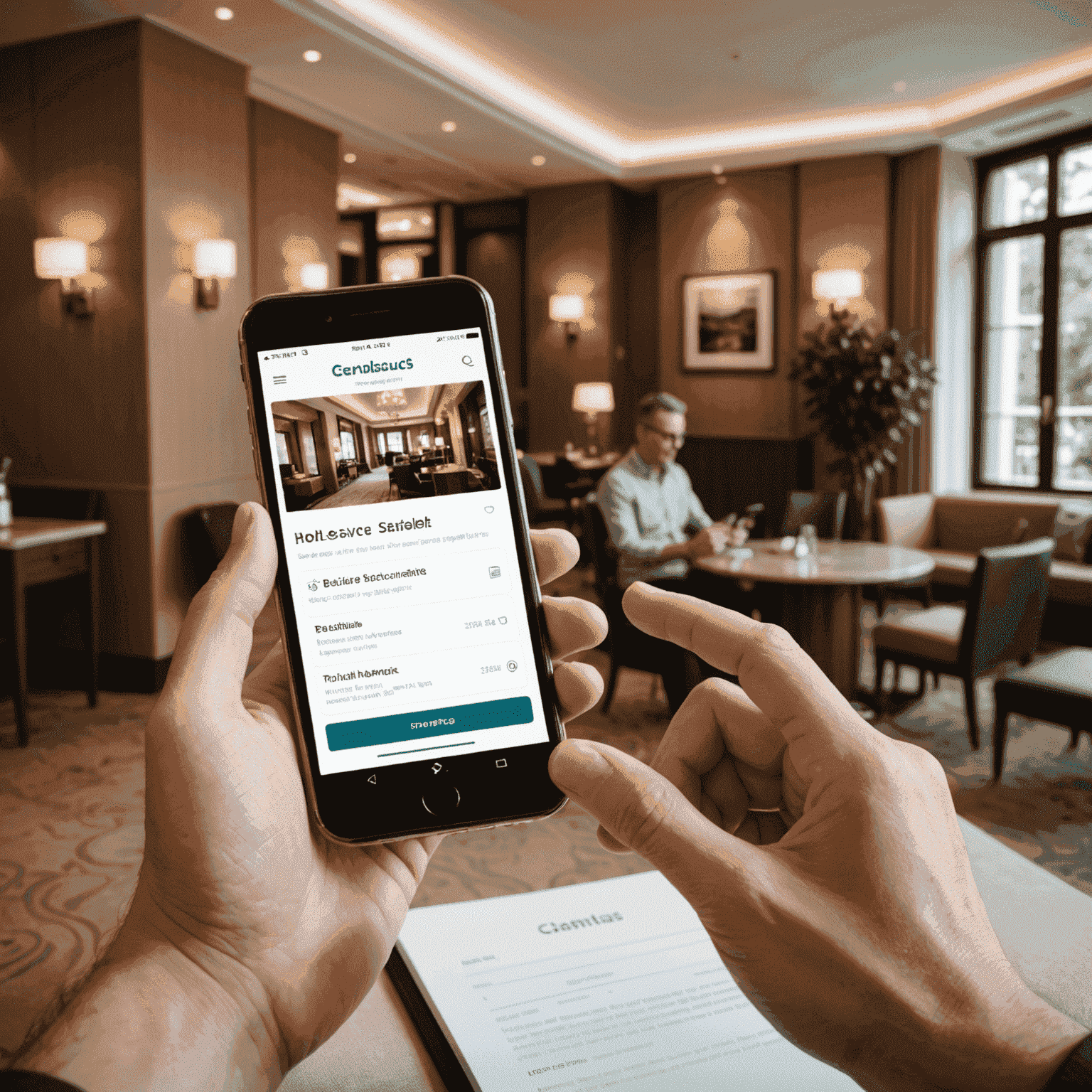 A guest using a smartphone to access the hotel's services portal, showcasing the mobile-friendly design