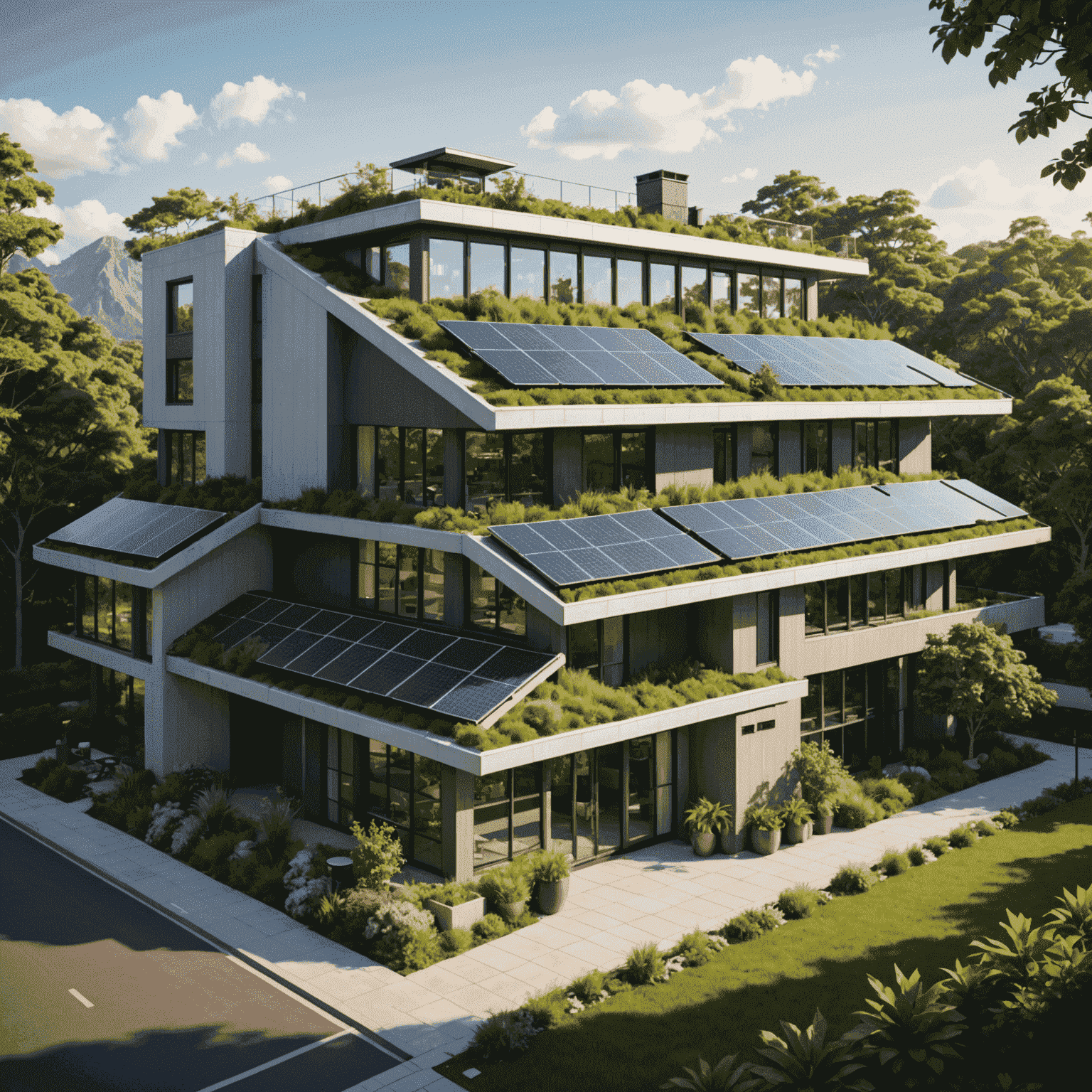 A modern hotel with solar panels, green roof, and recycling bins, surrounded by lush vegetation