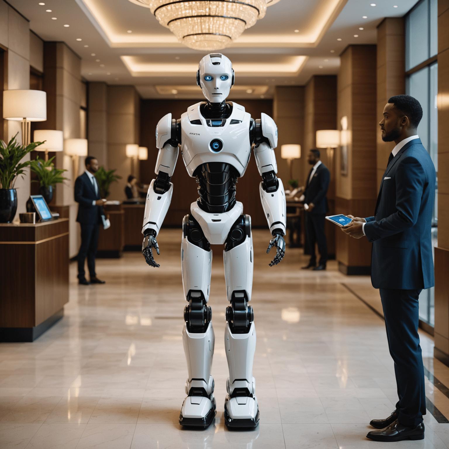 A sleek robot concierge guiding guests through a modern hotel lobby, with staff members assisting other guests in the background