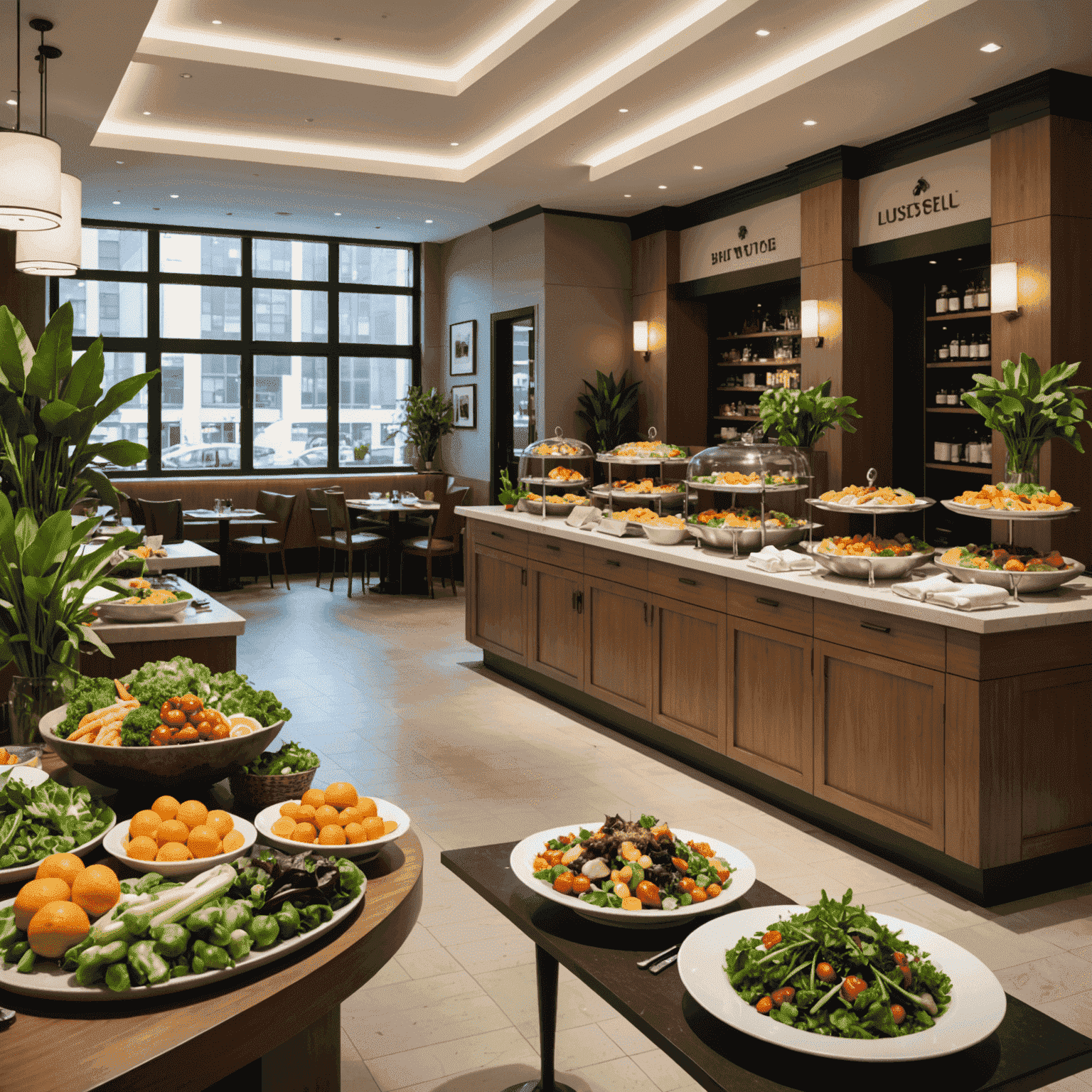 A hotel restaurant showcasing a buffet with locally sourced, organic produce and clearly labeled plant-based options