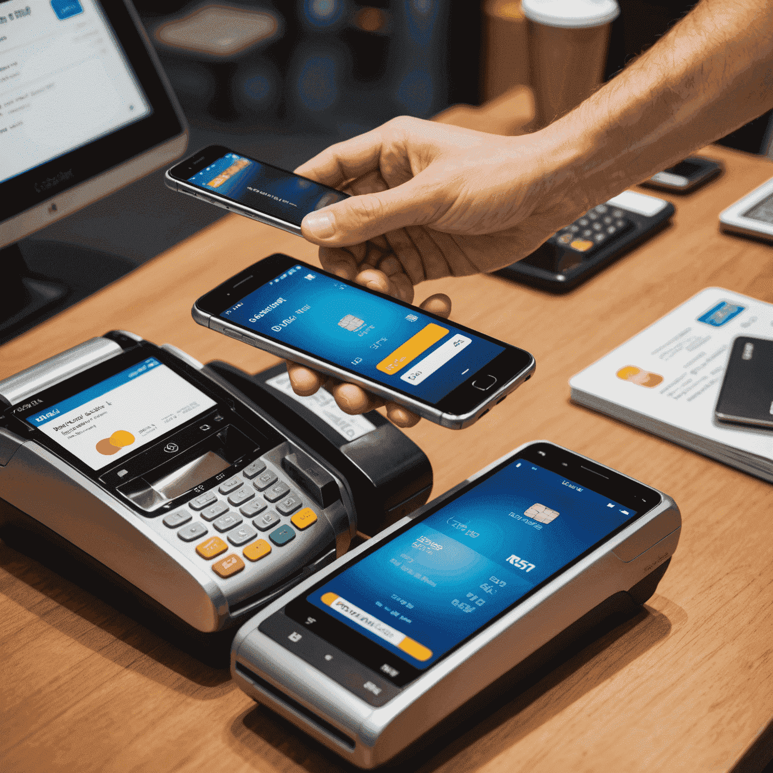 A close-up of a point-of-sale terminal with various credit cards and a smartphone displaying a mobile payment app.