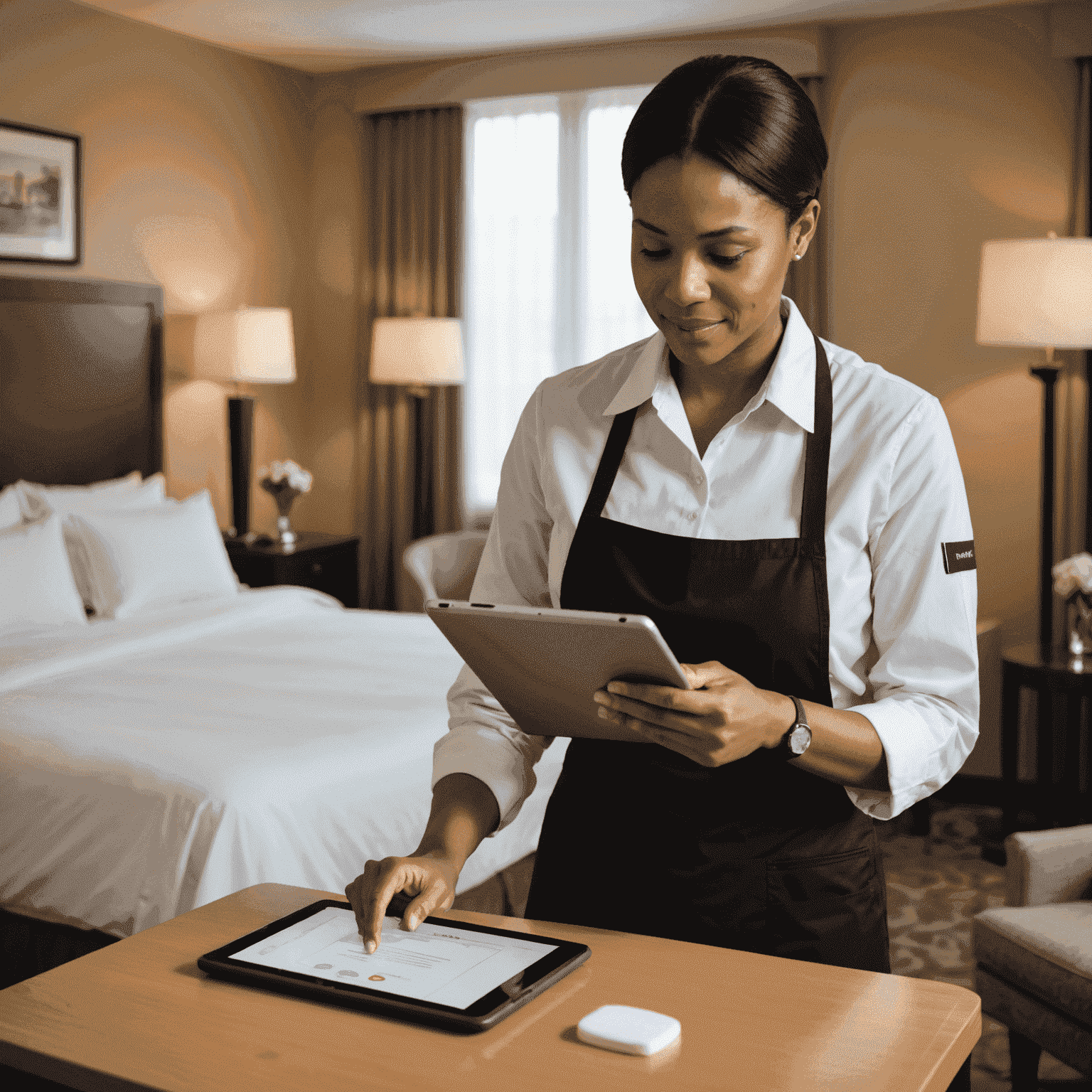 A hotel staff member using a tablet to manage housekeeping tasks. The background shows a clean, well-organized hotel room.