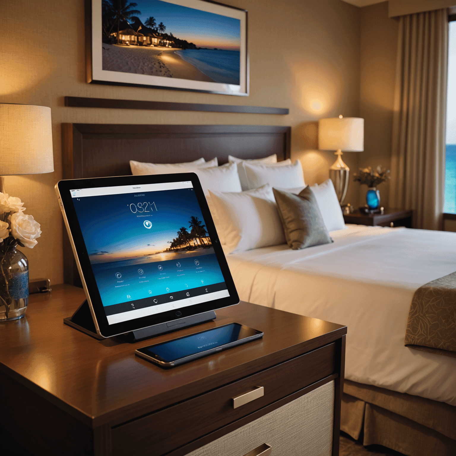 A luxurious hotel room with a tablet on the bedside table displaying a guest services interface. The room has mood lighting and a view of a beach resort.